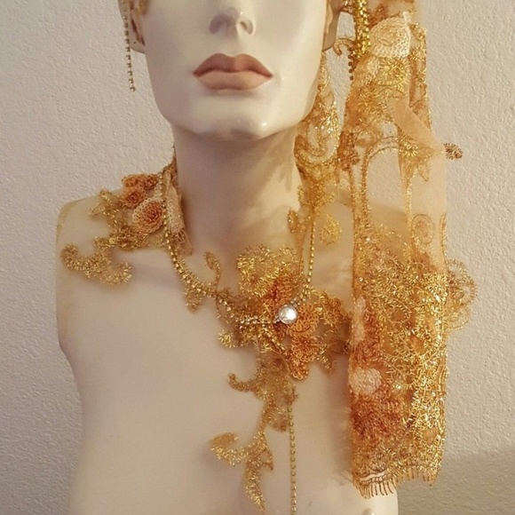 Gold & Ivory Lace Crystal Headpiece & Choker
